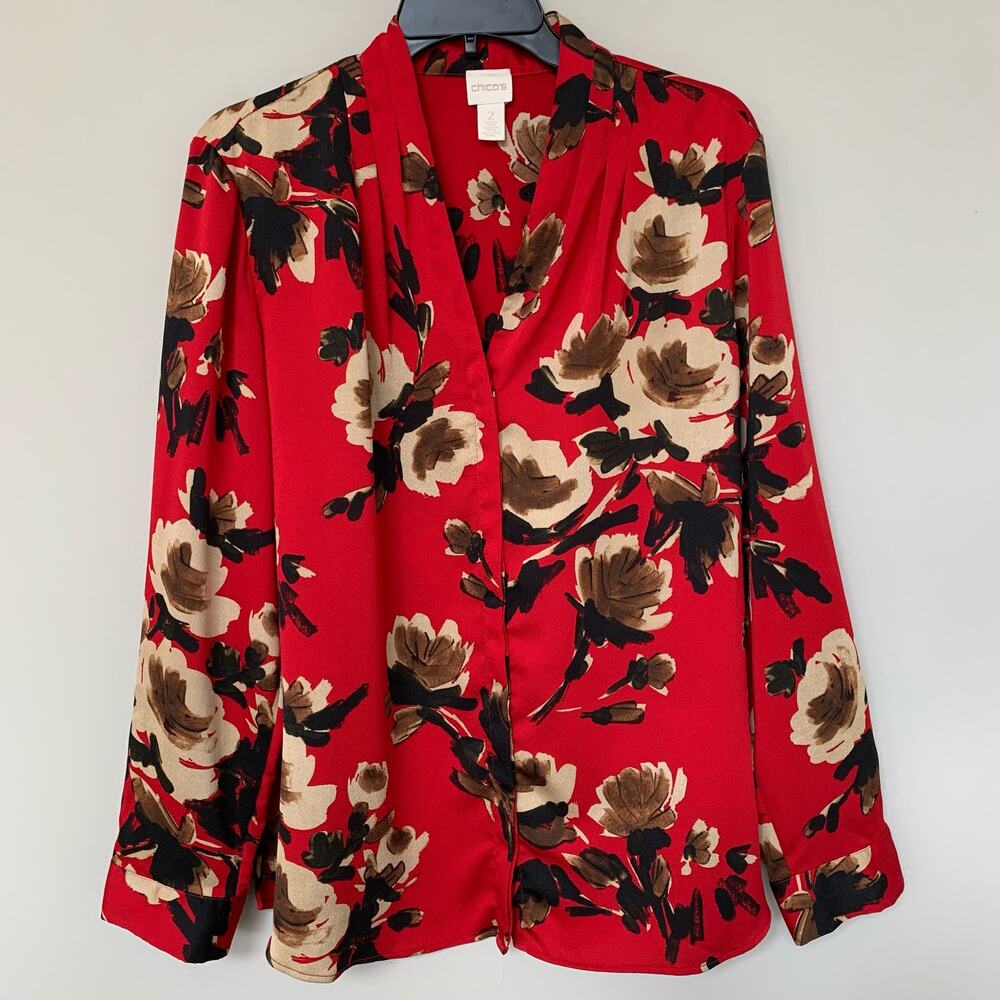 Chico's button up blouse long sleeves textured crepe red brown tan floral size L